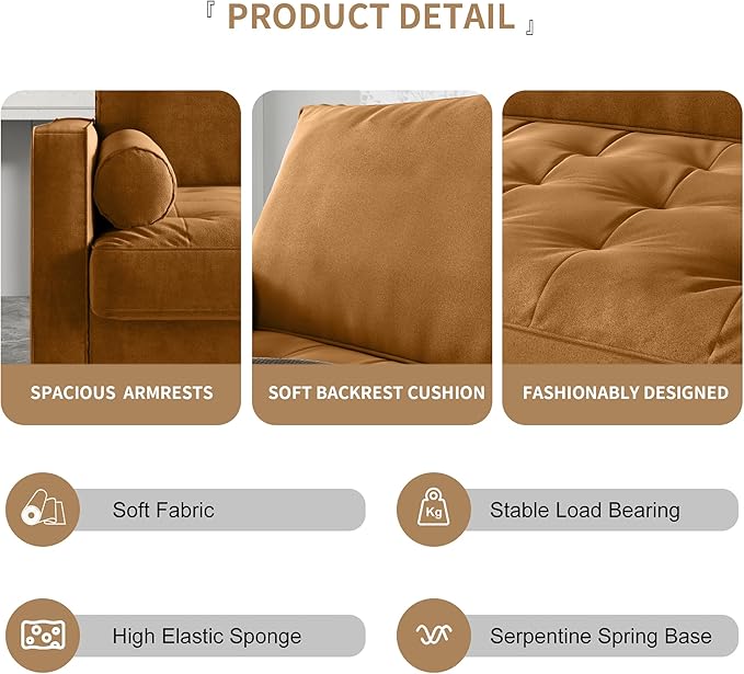 Velvet Furniture for Small Spaces, Mid-Century Modern Loveseats for Living Room, Love Seat Couch Sofas, 70 Inches, Ginger - LeafyLoom