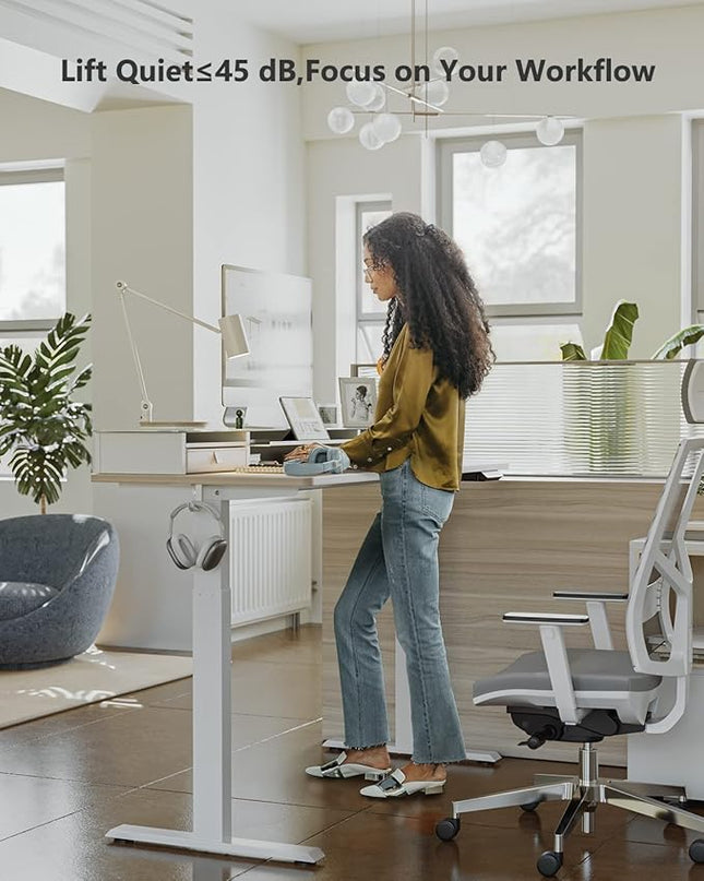 BANTI 48"x 26" Electric Standing Desk with Glass Top Monitor Stand, Adjustable Sit Stand Up Table with Double Drawer, Sit Stand Desk with Storage Shelf, Light Walnut Top - LeafyLoom