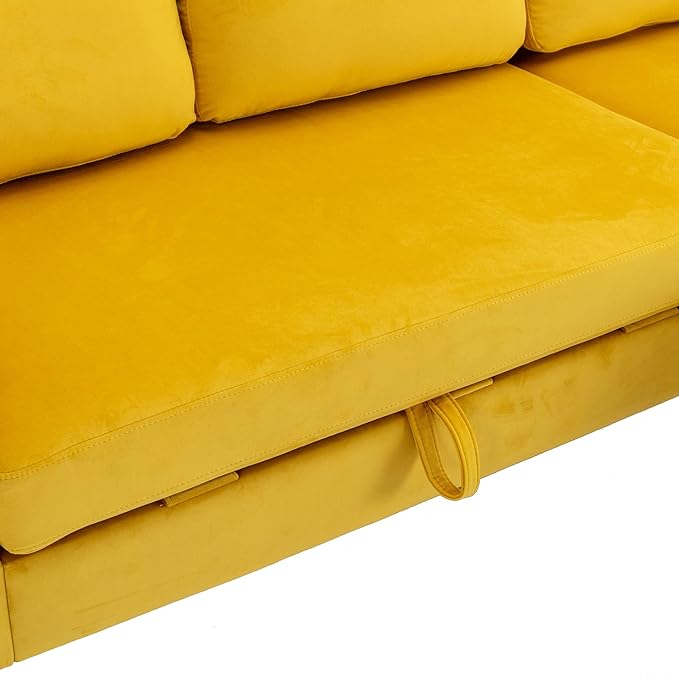 72.44" L-Shaped Reversible Sectional Sofa w/Pull Out Bed & Storage Chaise Lounge,Interior Furniture Comfy Sleeper Corner Couch with 3 Throw Pillows and Pockets,for Dorm,Apartment,Yellow - LeafyLoom