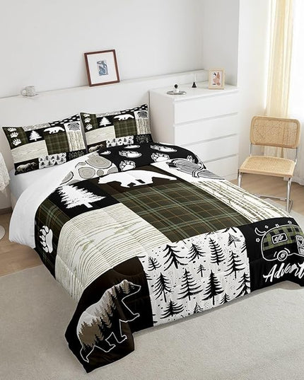 Bear Comforter Set Full Size,Pine Trees Animals Hunting Bedding Set for Kids Boys Girls Adults Room Decor,Camping Adventure Rustic Farmhouse Down Comforter,Green Plaids Duvet Insert,2 Pillowcases - LeafyLoom