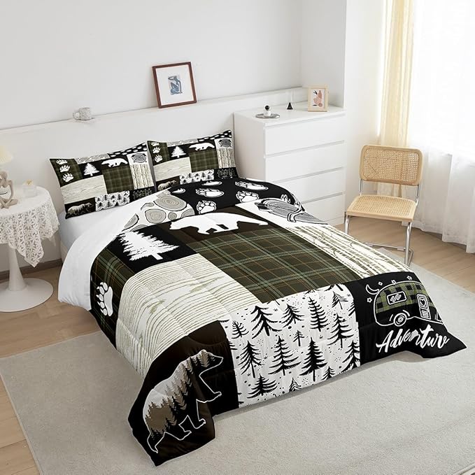 Bear Comforter Set Full Size,Pine Trees Animals Hunting Bedding Set for Kids Boys Girls Adults Room Decor,Camping Adventure Rustic Farmhouse Down Comforter,Green Plaids Duvet Insert,2 Pillowcases - LeafyLoom