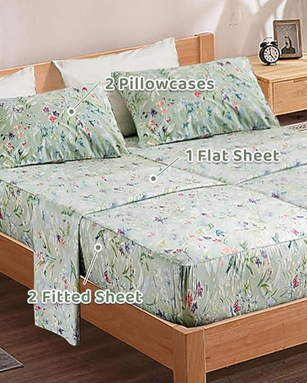 QSH 100% Cotton Sheets for Split King Size Bed, Pattern Botanical Luxury Cotton Printed Floral Bedding Sheets Soft and Breathable 5pcs Deep Pocket Queen Sheet Set - LeafyLoom