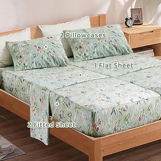 QSH 100% Cotton Sheets for Split King Size Bed, Pattern Botanical Luxury Cotton Printed Floral Bedding Sheets Soft and Breathable 5pcs Deep Pocket Queen Sheet Set - LeafyLoom