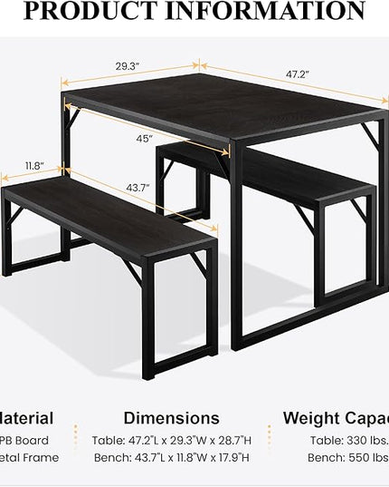SHA CERLIN Dining Table Set with Two Benches, Rustic Kitchen Table Set for 4 people, Space-Saving Dinette, Heavy Duty Sturdy Structure, Easy Assemble, Black/Black - LeafyLoom