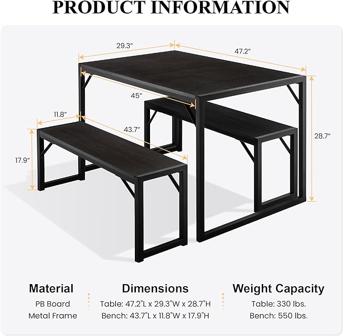 SHA CERLIN Dining Table Set with Two Benches, Rustic Kitchen Table Set for 4 people, Space-Saving Dinette, Heavy Duty Sturdy Structure, Easy Assemble, Black/Black - LeafyLoom