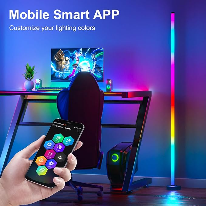 MIHEAL LED Corner Floor Lamp, RGBWW LED Standing Lamp with App & Controller Control, Music Synic Mood Tall Lamp with Speed & Brightness Adjustable for Restaurant Yard Garden - LeafyLoom