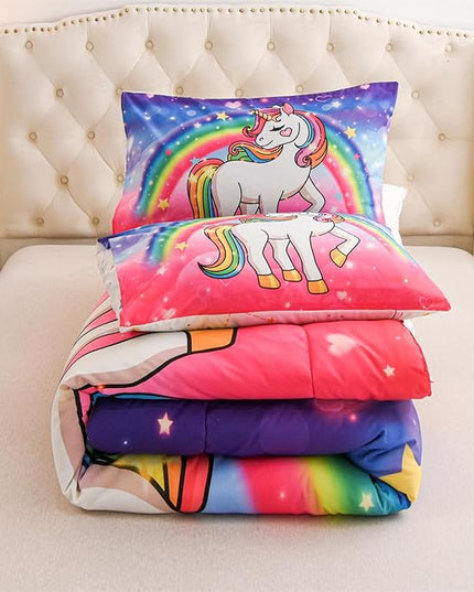 Aimuan Girls Unicorn Comforter Set 3 Pieces Pink Purple Bedding Set with Rainbow Star Galaxy Stars Fantasy Children Room Decor Soft Reversible Bed Sets for Boys/Girls/Teens (Pink-Purple Twin3Pcs) - LeafyLoom