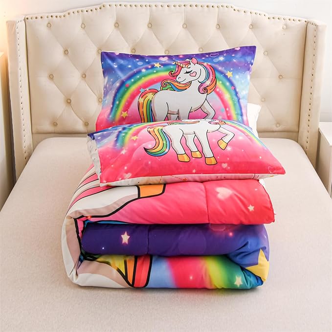 Aimuan Girls Unicorn Comforter Set 3 Pieces Pink Purple Bedding Set with Rainbow Star Galaxy Stars Fantasy Children Room Decor Soft Reversible Bed Sets for Boys/Girls/Teens (Pink-Purple Twin3Pcs) - LeafyLoom