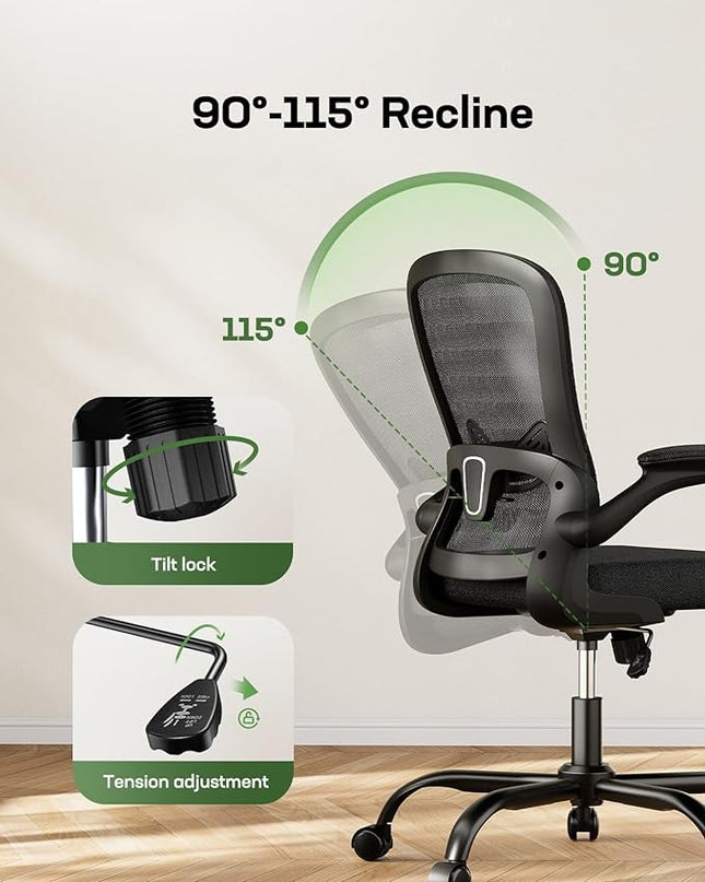 Marsail Office Chair Ergonomic-Desk Chair: Mesh Back Home Office Chair with Adjustable Lumbar Support, Computer Desk Chair with Flip-up Armrests Swivel Home Office Task Chair(Bright Black) - LeafyLoom