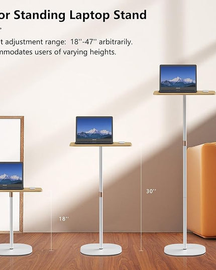 Portable Laptop Floor Stand, Bedside/Sofa Table with Height Adjustable 18''~47'', Stylish Movable Workstation Floor Standing Desk for Office, Meeting Room, living room Easy Assembly, White - LeafyLoom
