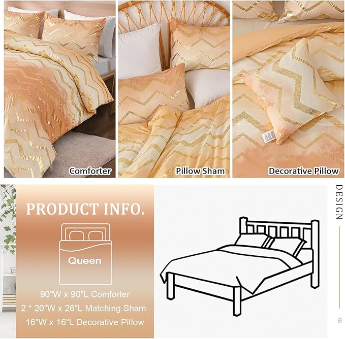 Ombre Beige Comforter Set Queen Size Girls Bedding Soft Microfiber Comforter for Kids Teen Women,4 Pieces (1 Comforter,2 Pillowcase,1 Decorative Pillow Sham) - LeafyLoom