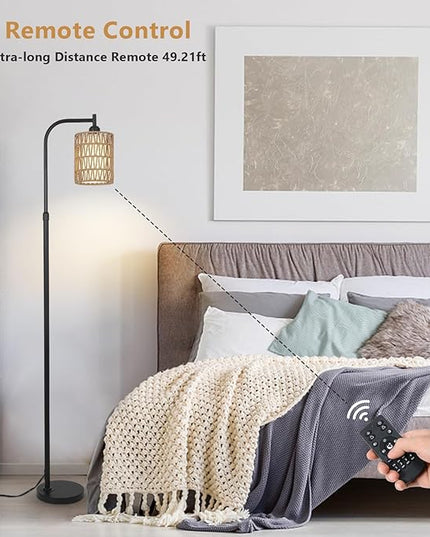 Floor Lamp with Remote, Dimmable Rattan Floor Lamp with LED Bulb, Industrial Black Tall Pole Lamp with Rattan & Fabric Shades, Boho Farmhouse Standing Lamps for Living Room Bedroom Office - LeafyLoom