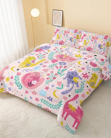 Floral Cat Comforter Queen Size,Pink Cat Comforter Set for Kids Teens Girls,3Pcs Bedding Set Printed Comforter with 2 Pillowcases,Down Alternative,Soft and Lightweight(Pink，Queen Size) - LeafyLoom