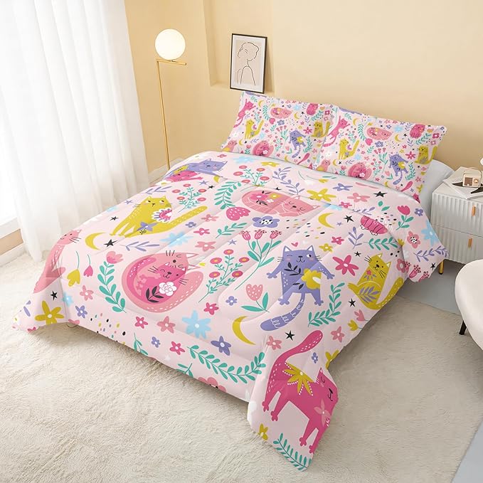 Floral Cat Comforter King Size,Pink Cat Comforter Set for Kids Teens Girls,3Pcs Bedding Set Printed Comforter with 2 Pillowcases,Down Alternative,Soft and Lightweight(Pink，King Size) - LeafyLoom