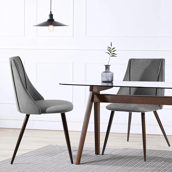 FurnitureR Dining Chairs Set of 2, Mid Century Side Chairs Large & Super Soft Velvet Seat Back Metal Legs for Kitchen, Dining Room, Bedroom, Living Room, Grey - LeafyLoom
