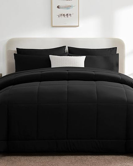 CozyLux King Size Comforter Set - 7 Pieces Bed in a Bag Set Black, King Bedding Set with All Season Quilted Comforter, Flat Sheet, Fitted Sheet, Pillowcases - LeafyLoom