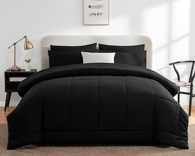 CozyLux King Size Comforter Set - 7 Pieces Bed in a Bag Set Black, King Bedding Set with All Season Quilted Comforter, Flat Sheet, Fitted Sheet, Pillowcases - LeafyLoom