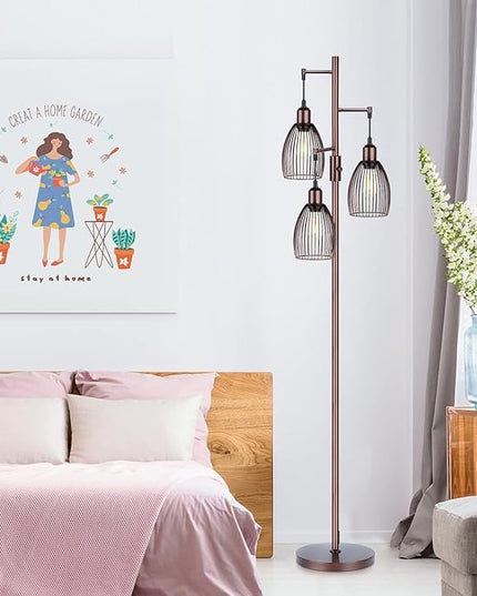 Dimmable Floor Lamp, 3 x 800LM LED Edison Bulbs Included, Farmhouse Industrial Floor Lamp Standing Lamp with Elegant Teardrop Cage Head Tall Lamp for Living Room Bedroom Office Dining Room - Brown - LeafyLoom