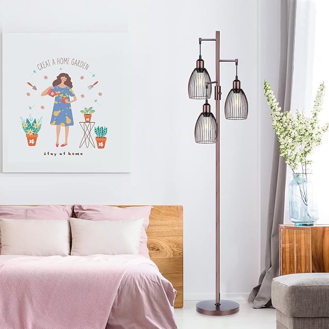 Dimmable Floor Lamp, 3 x 800LM LED Edison Bulbs Included, Farmhouse Industrial Floor Lamp Standing Lamp with Elegant Teardrop Cage Head Tall Lamp for Living Room Bedroom Office Dining Room - Brown - LeafyLoom