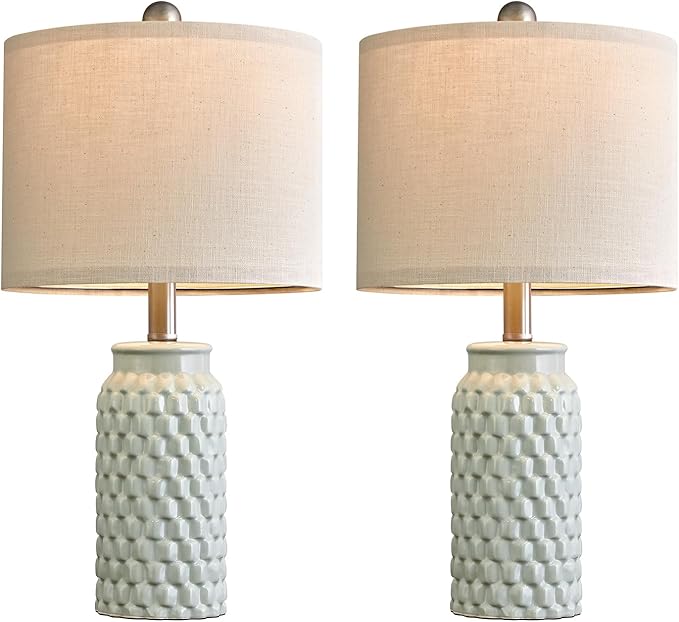 20.5 inches Modern Ceramic Green Bedside Lamp Set of 2 for Bedroom Decor Farmhouse Table Lamp for Living Room Office Dorm - LeafyLoom