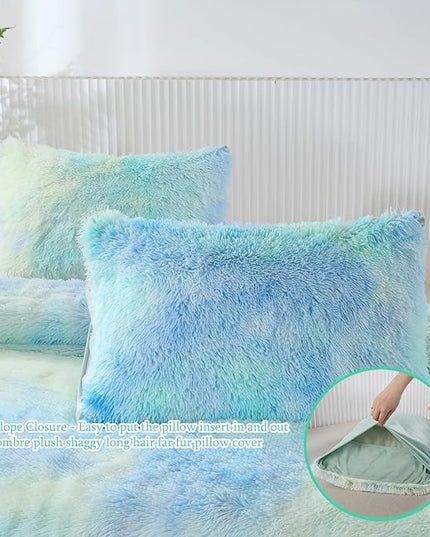 WINLIFE Shaggy Bedding Comforter Set Faux Fur Flannel Furry Comforter Microfiber Long Hair Fluffy Plush Comforter Sets Gradient Ombre Blue Aqua Teal Bedding for Girls Adults (3Pcs, Queen, Mint Green) - LeafyLoom