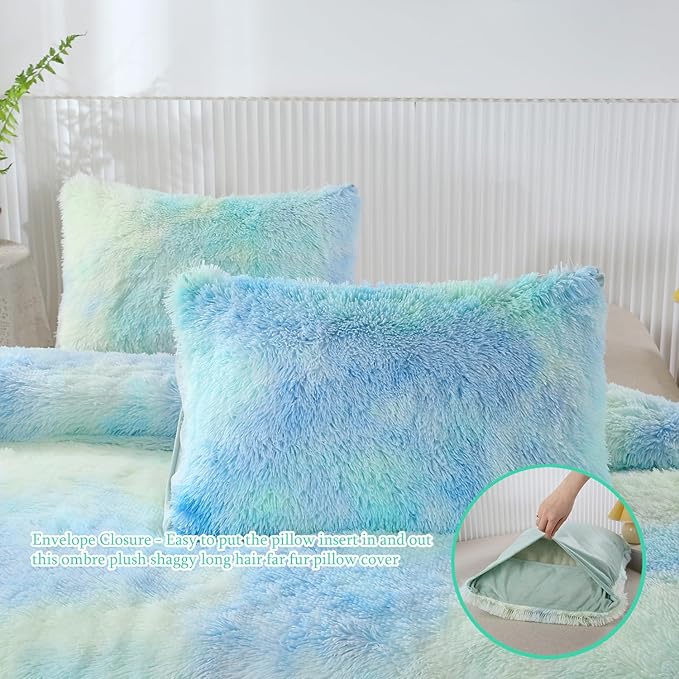 WINLIFE Shaggy Bedding Comforter Set Faux Fur Flannel Furry Comforter Microfiber Long Hair Fluffy Plush Comforter Sets Gradient Ombre Blue Aqua Teal Bedding for Girls Adults (3Pcs, Queen, Mint Green) - LeafyLoom