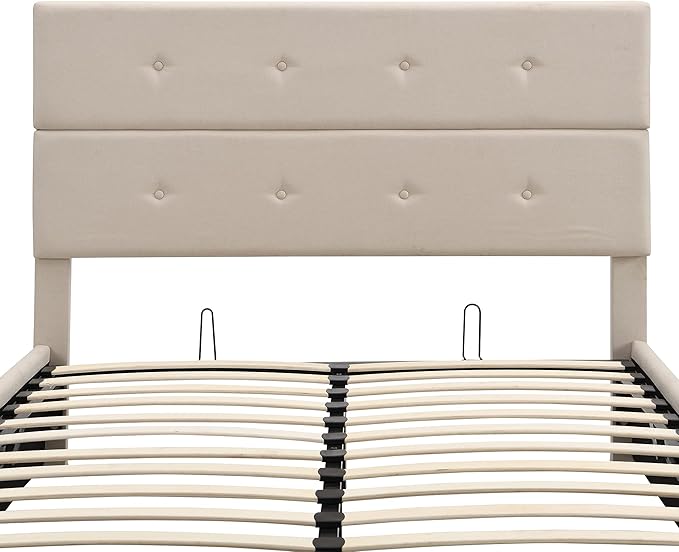 Upholstered Full Size Bed Gas Lift Up Storage Platform Bed Frame with Tufted Headboard Wooden Slat Support & Under Bed Storage, No Box Spring Needed - LeafyLoom