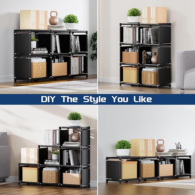 Mavivegue Book Shelf, 6 Cube Storage Organizer, DIY Bookcase, Metal Cube Bookshelf,Tall Book case for Bedroom, Living Room,Office,Closet Storage Organizer, Black Cubicle Storage Rack - LeafyLoom