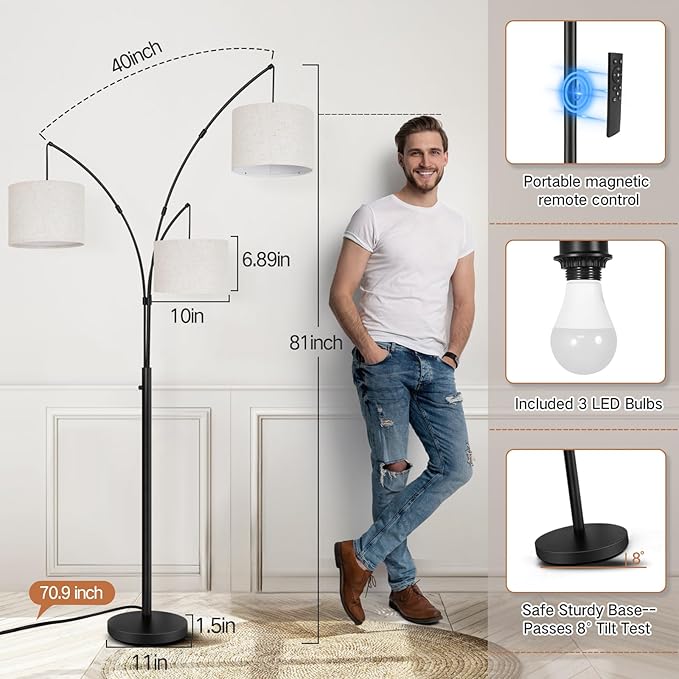 OUTON Arc LED Floor Lamp with Remote Control, Dimmable Modern Black 3 Light Arched Tall Floor Lamp, Mid Century Adjustable Standing Corner Lamps for Bedroom, Office, Living Room, Beige Lampshade - LeafyLoom