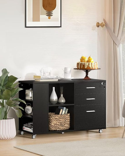 YITAHOME File Cabinet, Mobile Lateral Filing Cabinet with Lock for Home Office, Printer Stand with Open Storage Shelf, Fits A4, Letter, Legal Size Files, Office Furniture, Black - LeafyLoom