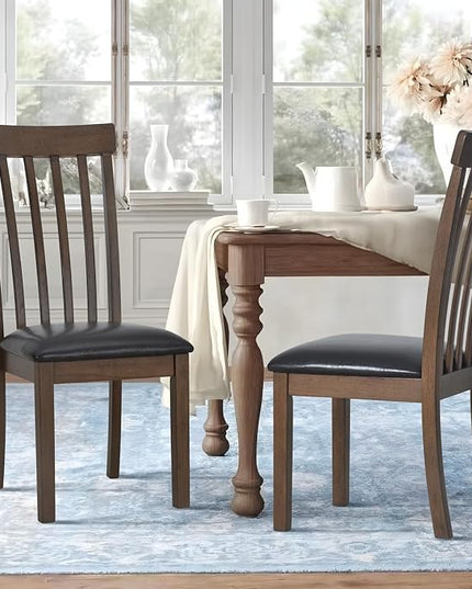 COLAMY Wooden Dining Chairs Set of 2, PU Leather Dining Room Kitchen Side Chair with Spindle High Back and Adjustable Foot Pegs - LightBrown - LeafyLoom