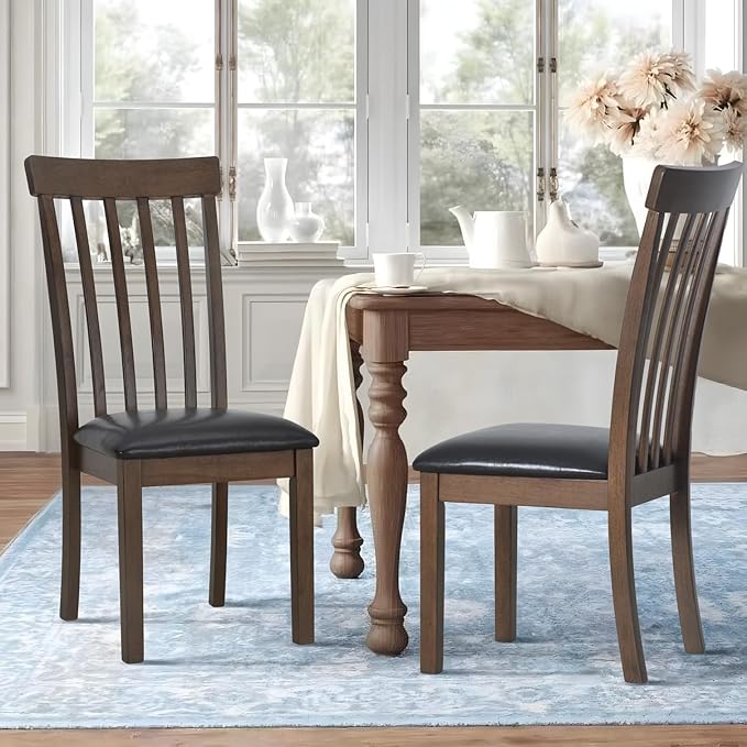 COLAMY Wooden Dining Chairs Set of 2, PU Leather Dining Room Kitchen Side Chair with Spindle High Back and Adjustable Foot Pegs - LightBrown - LeafyLoom