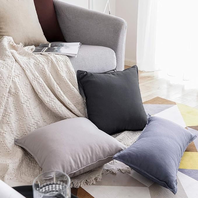 Jeanerlor Cotton Linen Soft Soild Decorative Square Throw Pillow Covers Set Cushion Case for Sofa Bedroom Car24 x 24 Inch 60 x 60cm, Pack of 2, Dark Grey - LeafyLoom