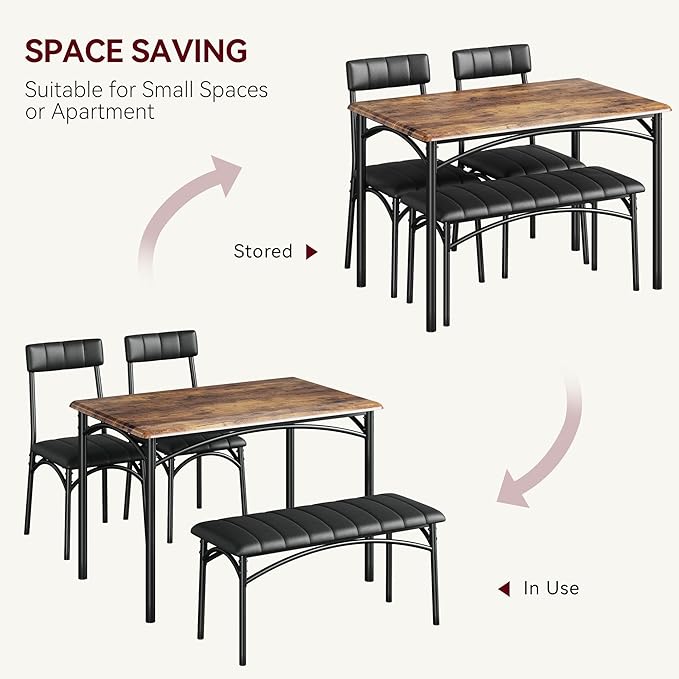 GAOMON Dining Table Set for 4, Kitchen Table with Upholstered Chairs and Bench, 4-Person Dining Room Table Set, Rectangular Kitchen Table Set for Small Space, Apartment, Home, Studio, Rustic Brown - LeafyLoom