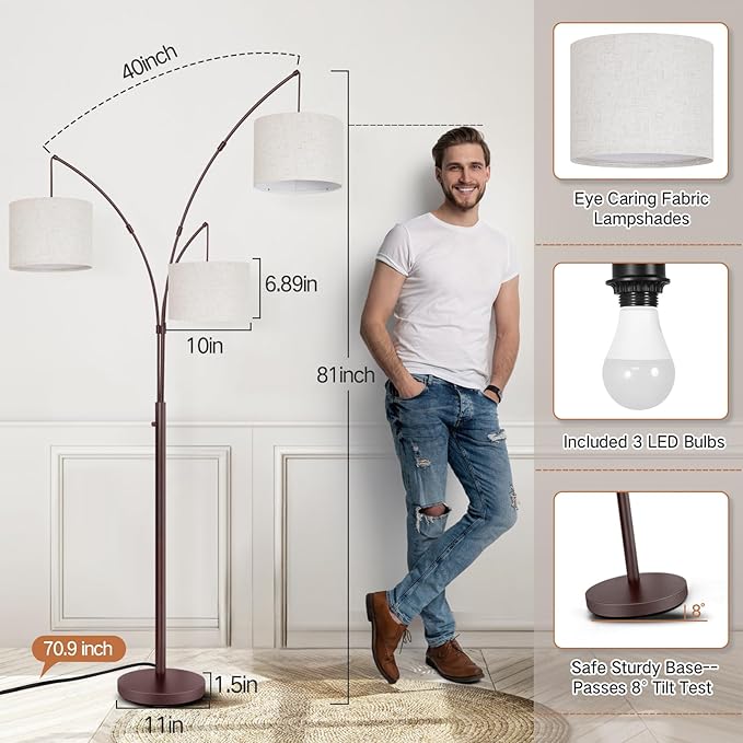 OUTON Tall Arc Floor Lamp - Adjustable, Modern, 3-Light Arched Lamp for Bedroom, Office, and Living Room, 2400lm Mid Century Design with 3 Energy-Efficient LED Bulbs Included, Beige Lampshade - LeafyLoom