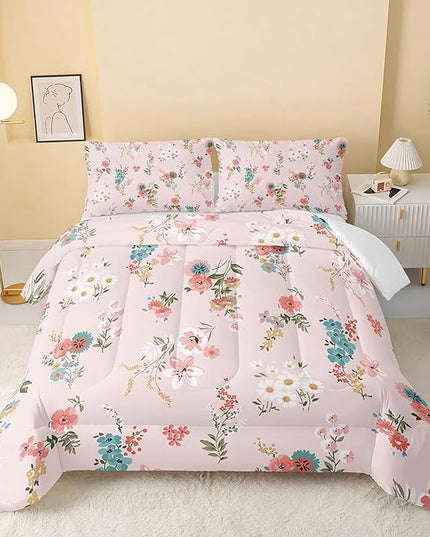 Floral Comforter Full Size,Pink Floral Kids Comforter Set,3Pcs Bedding Set Printed Comforter with 2 Pillowcases,Down Alternative,Soft and Lightweight,for All Seasons - LeafyLoom