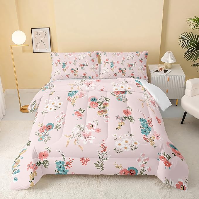Floral Comforter Full Size,Pink Floral Kids Comforter Set,3Pcs Bedding Set Printed Comforter with 2 Pillowcases,Down Alternative,Soft and Lightweight,for All Seasons - LeafyLoom