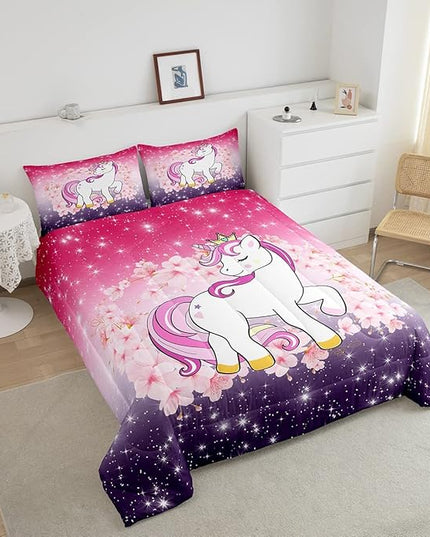 Unicorn Comforter Set Full Glitter Bedding Set Cherry Blossoms Duvet Insert Kids Cartoon Kawaii Animal Down Comforter Ombre Galaxy Stars Fantasy Girls Room Decor Quilt Set Aesthetic Pink Purple - LeafyLoom