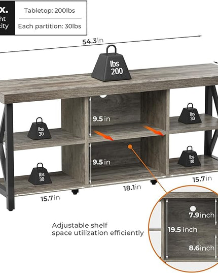 GreenForest TV Stand for TV up to 65 inches, Entertainment Center with 6 Storage Cabinet for Living Room, 55 inch Farmhouse Television Stands Console Table, Industrial TV stands for Living Room, Gray - LeafyLoom