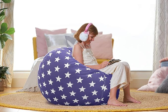 Aubliss Stuffed Animal Storage Bean Bag Chair Cover (No Beans)，Stuff and Sit Storage Bean Bag for Kids Toy Storage, Large 38"-Canvas Stars Royal Blue - LeafyLoom