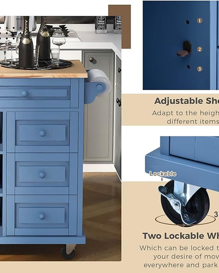 Island with Storage Cabinets, Rolling Mobile Kitchen-cart with Rubber Wood Desktop and 5 Drawers & Open Shelves, Sideboard for Dining Room, Home Bar, Blue, 52.8 Inch - LeafyLoom