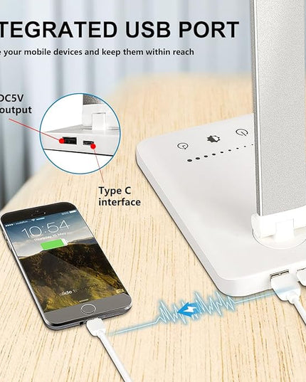 LED Desk Lamp Dimmable Table Lamp Reading Lamp with USB Charging Port, 5 Lighting Modes, Sensitive Control, 30/60 Minutes Auto-Off Timer, Eye-Caring Office Lamp - LeafyLoom