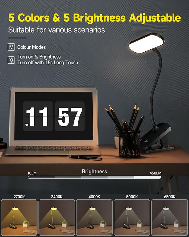 CUHIOY Desk Lamp Clip on Reading Light, USB-C Battery-Operated Rechargeable Table Lamps with Clamp for Dorm Home Office, 38LEDs Bed Headboard Light, 5 Colors 5 Brightness, Flexible Gooseneck（Black） - LeafyLoom