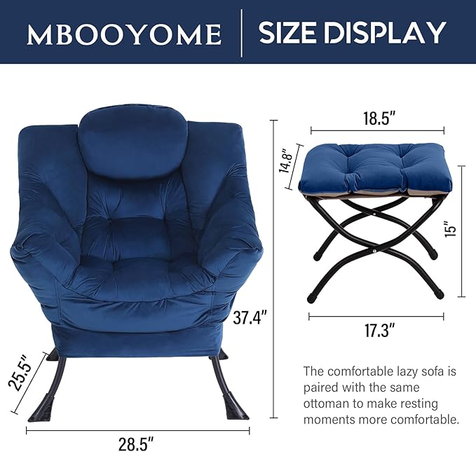 Lazy Chair with Ottoman, Modern Accent Chair Contemporary Lounge Leisure Upholstered Sofa Chair Set with Armrests, Reading Chair for Living Room, Bedroom, Office, Royal Blue - LeafyLoom