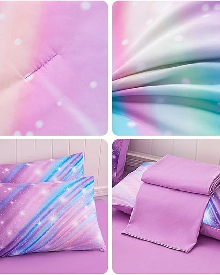 Twin Comforter Set for Girls Galaxy Bedding 7pieces, Ombre Bedding Comforter Sets Rainbow Comforter, Glitter Bedding Twin Teen Comforter Sets for Girls (Twill Rainbow) - LeafyLoom