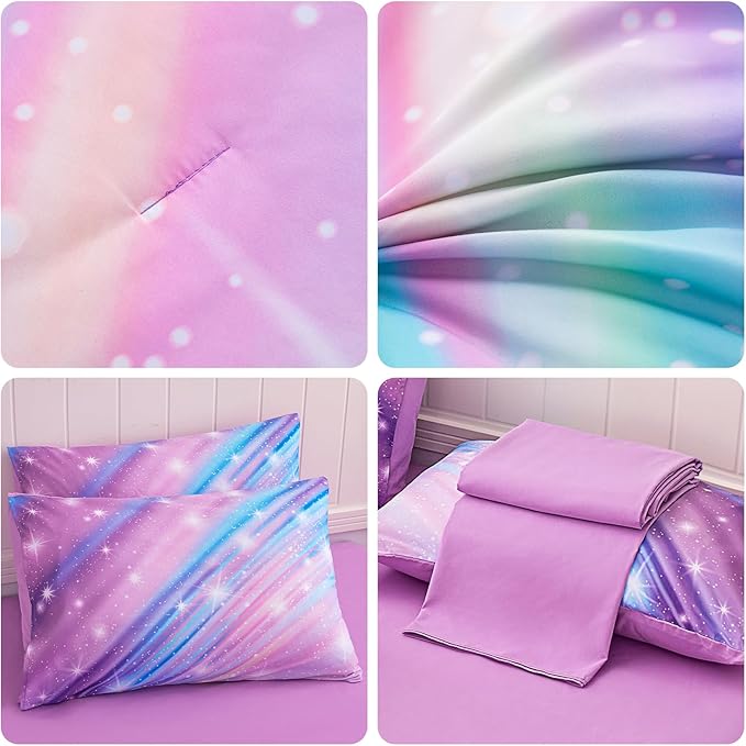 Twin Comforter Set for Girls Galaxy Bedding 7pieces, Ombre Bedding Comforter Sets Rainbow Comforter, Glitter Bedding Twin Teen Comforter Sets for Girls (Twill Rainbow) - LeafyLoom