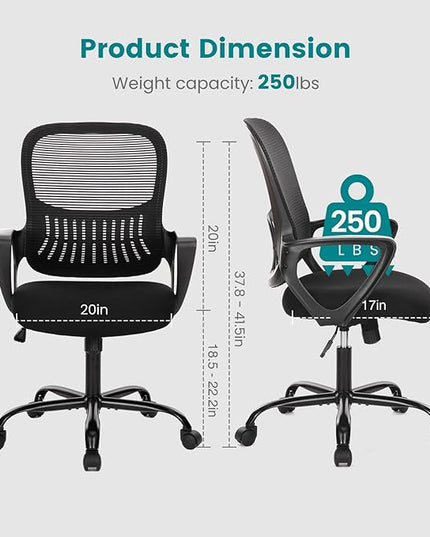SMUG Office Computer Desk Chair, Ergonomic Mid-Back Mesh Rolling Work Swivel Task Chairs with Wheels, Comfortable Lumbar Support, Comfy Arms for Home, Bedroom, Study, Dorm, Student, Adults, Black - LeafyLoom