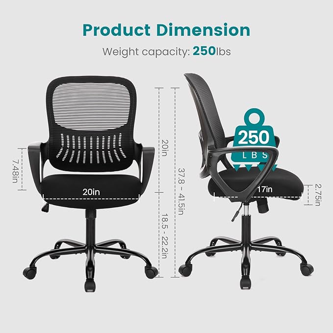 SMUG Office Computer Desk Chair, Ergonomic Mid-Back Mesh Rolling Work Swivel Task Chairs with Wheels, Comfortable Lumbar Support, Comfy Arms for Home, Bedroom, Study, Dorm, Student, Adults, Black - LeafyLoom
