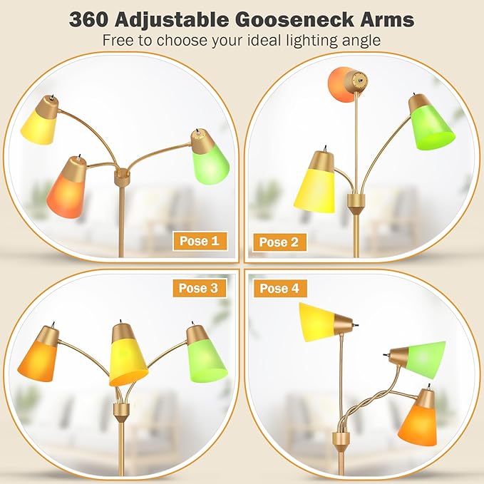 FOLKSMATE LED Floor Lamp, Medusa 3 Head Modern Adjustable Gooseneck Tall Standing Light for Living/Kids Room, Bedroom, Brass Gold - LeafyLoom
