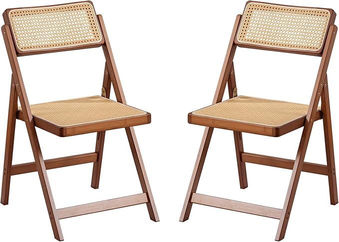 Rattan Folding Chairs, Modern Mid Century Dining Chairs Set of 2, Outdoor Bamboo Chairs for Bedroom Living Room Reading Room Dining Kitchen, Walnut - LeafyLoom